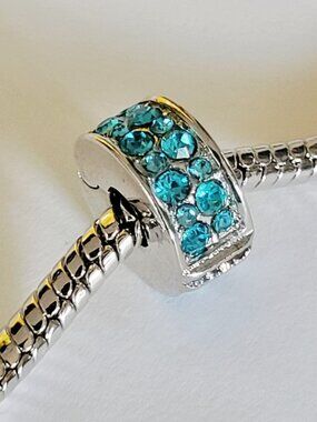 NWT For Pandora Charm Bracelets Silver Aqua Blue Rhinestone Stopper Clip Charm